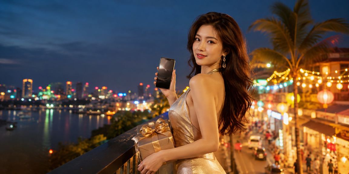 Người dùng đọc điều khoản dịch vụ trên thiết bị di động tại chợ đêm Hà Nội