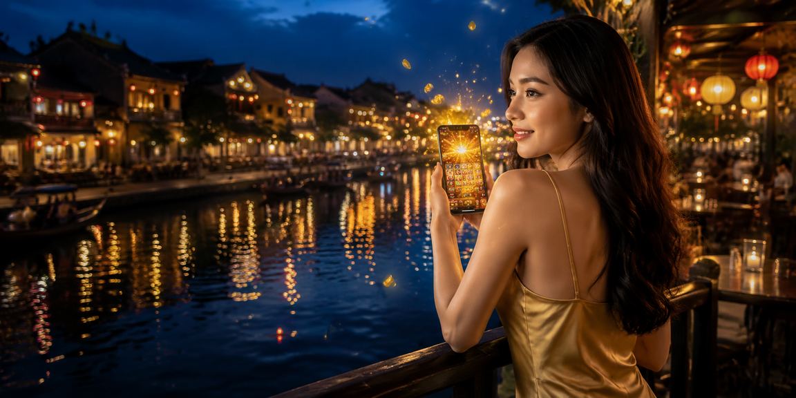 Người chơi trải nghiệm slot game mới tại Hội An bên ly cà phê buổi sáng